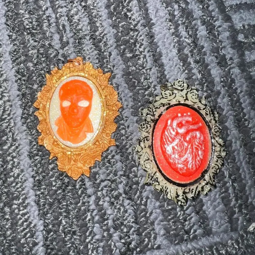 Copper Floral Frame Pendant with Orange Cameo Cabochon | Handmade Glitter Resin